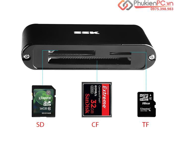Đầu đọc thẻ Card reader đa năng CF SD TF USB 3.0 SSK SCRM630-4